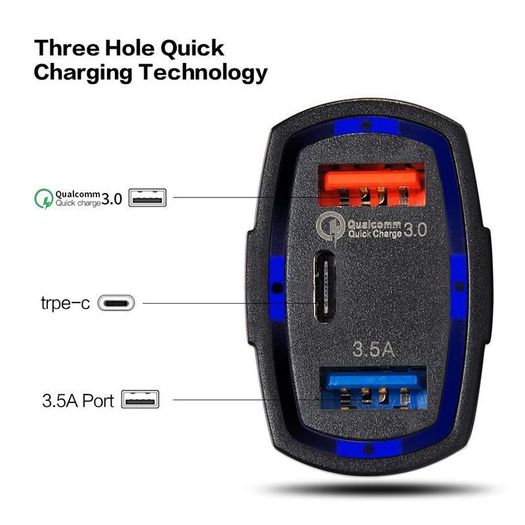 2 X QC 3.0 3 Port Fast Car Mobile Charger (Dual USB-A + Type-C) 35W (Brand New/Warranty)