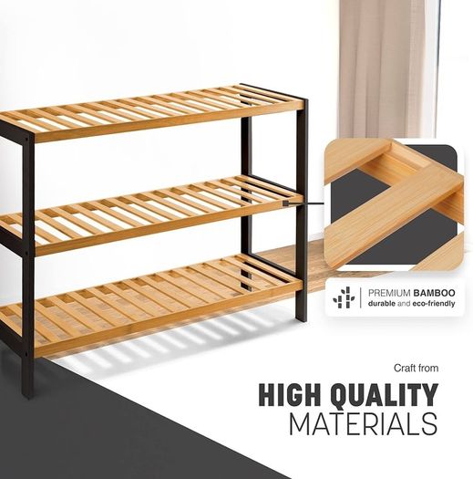 NEW SALE | 3 Tier Natural Bamboo Shoe Rack Easy Assembly & Strong Design Shelf Organiser Ideal for Bedroom,Bathroom,Hallway & Small Spaces Large Capacity Up to 12 Pairs of Shoes(55x70x25cm)