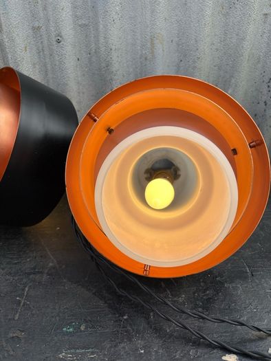 Rare vintage run of 2 Danish suspended pendant lights by Fog & Morup.