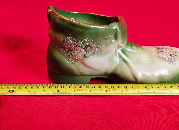 Staffordshire Style Porcelain Boot Vase - Green with Roses ,  Decor or Cactus Planter