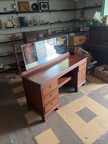 traditional English-style mahogany furniture, this twin-pedestal dressing table, five drawer chest of drawers to match and dressing table stool