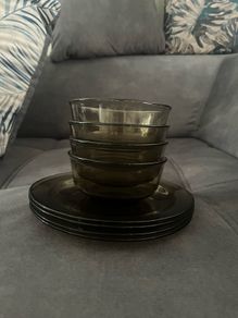 Set of 4 black glass bowls and plates