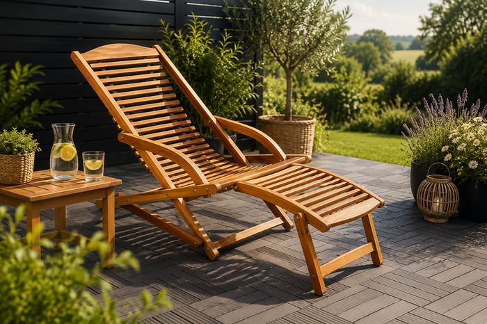 Sun Lounger Foldable Weatherproof Wooden Footrest Cushion 160kg Load Capacity