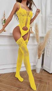 Sexy cute yellow stretchy mesh fishnet bodystocking
