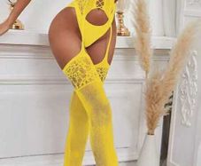 Sexy cute yellow stretchy mesh fishnet bodystocking