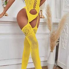 Sexy cute yellow stretchy mesh fishnet bodystocking