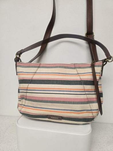 Fossil Striped Canvas & Leather Hobo Bag + Matching Zip Wallet Set