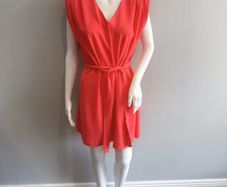 Pre Owned Estee Brown Vibrant Coral V-Neck Mini Dress with Tie Waist & Padded Shoulders