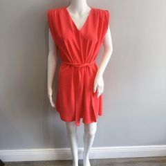 Pre Owned Estee Brown Vibrant Coral V-Neck Mini Dress with Tie Waist & Padded Shoulders