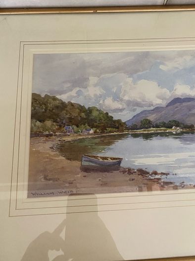 Vintage watercolour Painting Lake & Mountain Scene