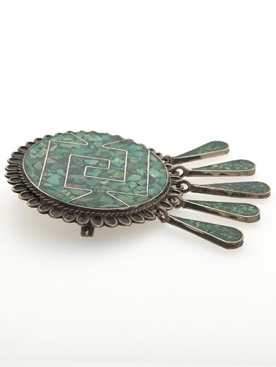Vintage Mexican Signed 925 Sterling Silver Turquoise Inlay Brooch