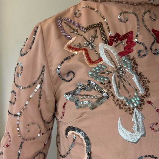 Folkster blush pink / cream sequin embellished and beaded high neck top