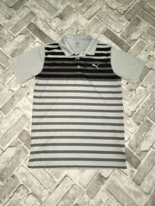 Puma Mens Golf Polo Neck Striped Tee Shirt Medium Slim Fit Grey/Black