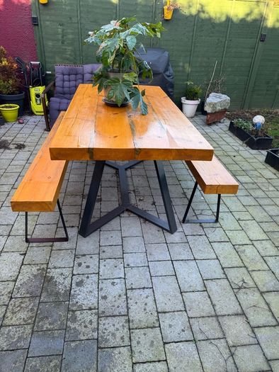 Indoor/outdoor wood table and benches 8p