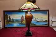 30.5 Inch Tall Large Art Deco Tiffany Style Table Lamp With Metal And Black Striped Amber Glass Stand With Stained Glass Shade