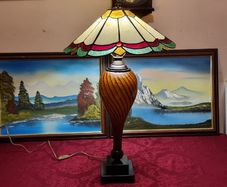30.5 Inch Tall Large Art Deco Tiffany Style Table Lamp With Metal And Black Striped Amber Glass Stand With Stained Glass Shade