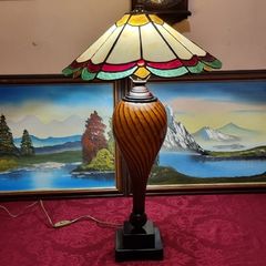30.5 Inch Tall Large Art Deco Tiffany Style Table Lamp With Metal And Black Striped Amber Glass Stand With Stained Glass Shade