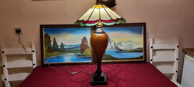 30.5 Inch Tall Large Art Deco Tiffany Style Table Lamp With Metal And Black Striped Amber Glass Stand With Stained Glass Shade