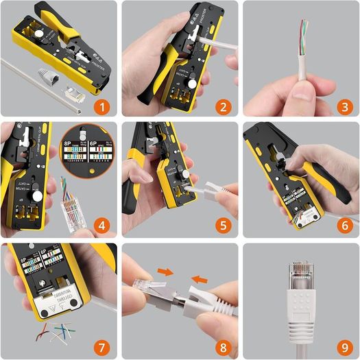 RJ45 Crimp Tool - 3 in 1 Pass Through Ethernet Crimping Tool Kit with 20PCS CAT7 Gold-Plated Copper Shielded Connectors & 20PCS Protection Covers for 8P CAT5 Cat6 CAT7 & 6P RJ11 RJ12