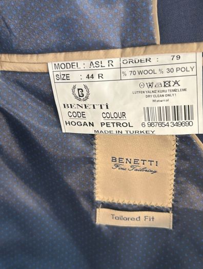 Benetti Three Piece Tailored Fit Suit Petrol Blue