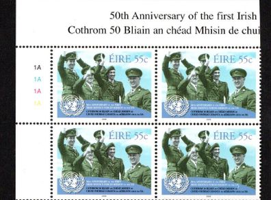 2008 Ireland 50th Anniversary of Defence Forces Serving on a UN Mission Commemorative Stamp Plate Block 1A1A1A1A Mint Never Hinged (MNH)