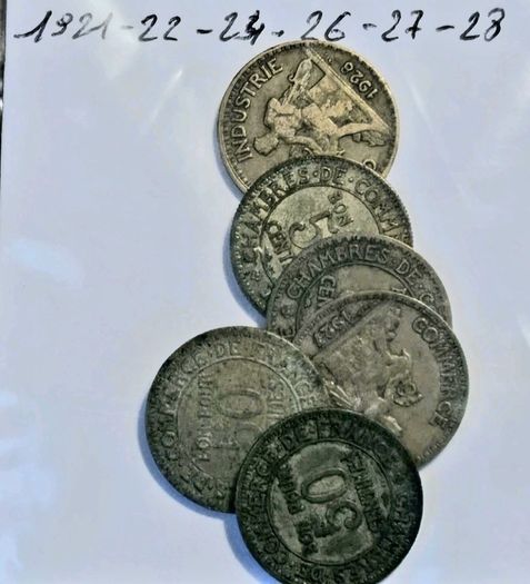 6 No. French 50 Centime Coins. Dates Sequence.