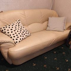 3 Seater & Armchair Cream Leather