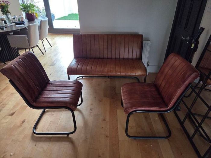 Tan Faux Leather Bench & 2 Matching Chairs Set