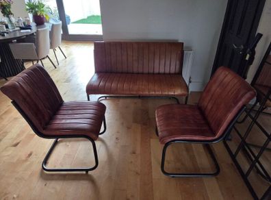 Tan Faux Leather Bench & 2 Matching Chairs Set