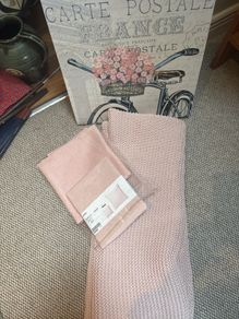 Dusky . Dusty Pink Bundle - IKEA INGABRITTA Chunky Throw, 2 Brand new 65 cm square linen cushion covers and a shabby chic Carte Postale Wall Hanging