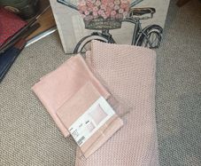 Dusky . Dusty Pink Bundle - IKEA INGABRITTA Chunky Throw, 2 Brand new 65 cm square linen cushion covers and a shabby chic Carte Postale Wall Hanging