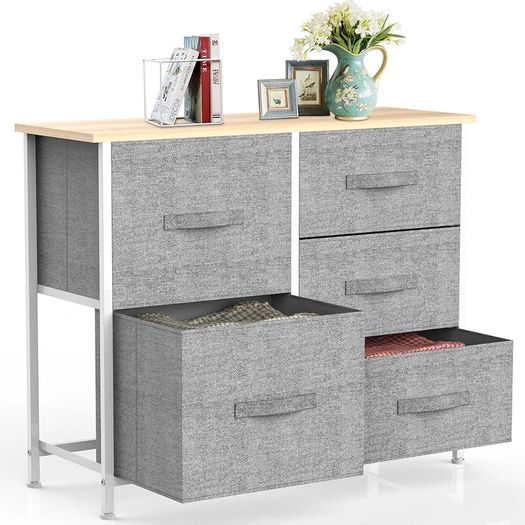 Chest of Drawers,Fabric Storage Drawers wtih 5 Units Large Storage Space,Sturdy Steel Frame Chest of Drawers Bedroom for Living Room, Nursery Room, Hallway etc, Gray, 30 x 85 x 70 cm