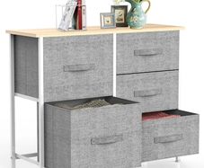 Chest of Drawers,Fabric Storage Drawers wtih 5 Units Large Storage Space,Sturdy Steel Frame Chest of Drawers Bedroom for Living Room, Nursery Room, Hallway etc, Gray, 30 x 85 x 70 cm