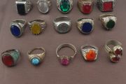 Antique Brass Rings Lot of 15 Mixed Gemstone &amp; Glass Collectible Rings