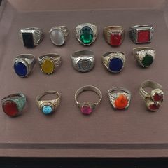 Antique Brass Rings Lot of 15 Mixed Gemstone & Glass Collectible Rings
