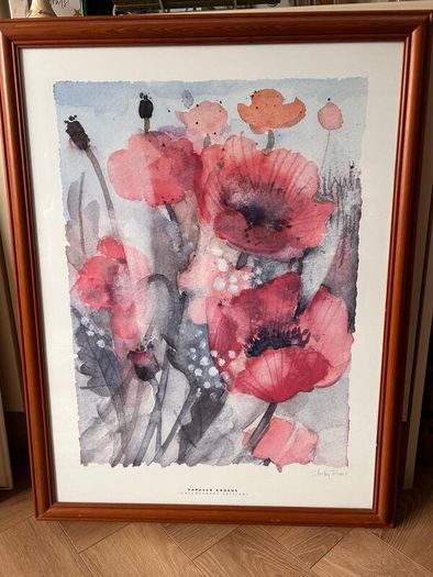 Framed watercolour painting of poppies