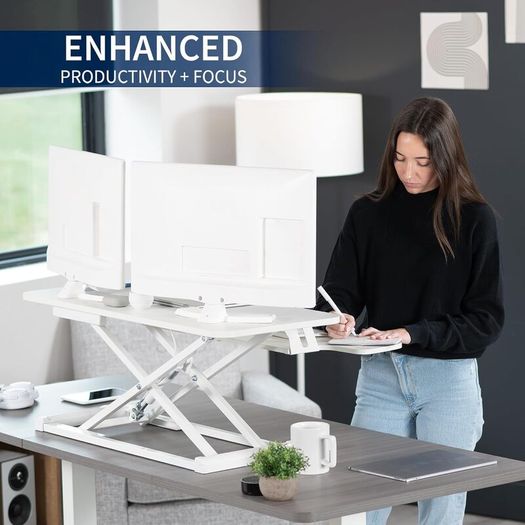 91 cm Desk Converter K Series Height Adjustable Sit to Stand Riser Dual Monitor and Laptop Workstation with Wide Keyboard Tray White DESK-V036KW
