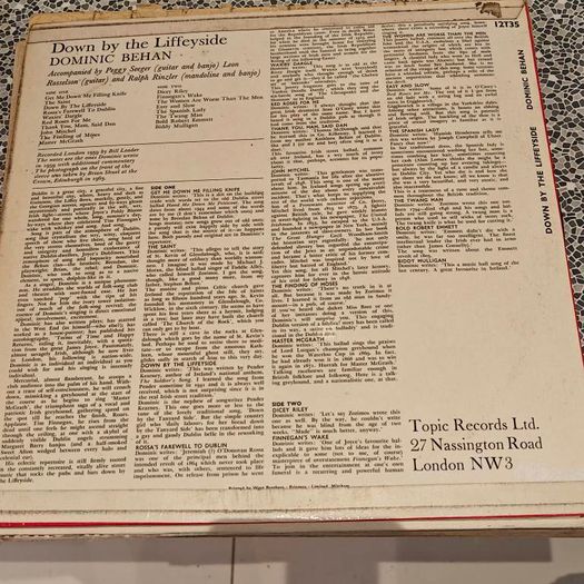 Dominic Behan, Down by the Liffeyside Vinyl LP (Topic Records), Irish Trad/ Folk