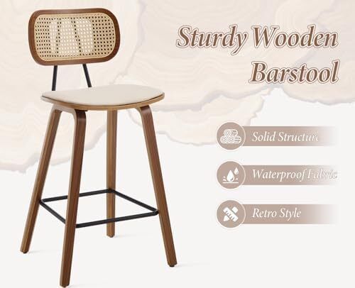 Set of 2 Rattan Bar Stools for Kitchen, Bar Chair, Counter Stool, PU Leather