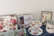 Vintage Shabby Chic Carte Postale Pieces - Table Mats, Rectangular Cake Plate, 2 Tier Cake Plate, Garden Bucket ( small) , Hard Back Notebook.