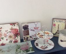 Vintage Shabby Chic Carte Postale Pieces - Table Mats, Rectangular Cake Plate, 2 Tier Cake Plate, Garden Bucket ( small) , Hard Back Notebook.