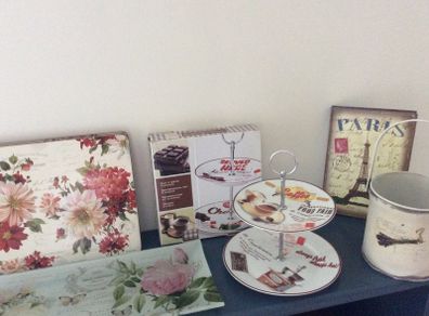 Vintage Shabby Chic Carte Postale Pieces - Table Mats, Rectangular Cake Plate, 2 Tier Cake Plate, Garden Bucket ( small) , Hard Back Notebook.