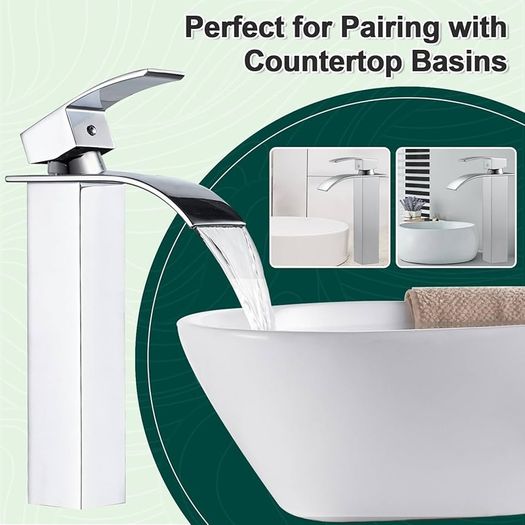 Waterfall Tall Bathroom Basin Mixer Taps with Single Lever, Square Mono Basin Mixer Tap Sink, Chrome