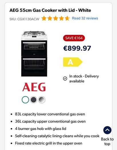 AEG 55cm Gas Cooker with Lid - White
