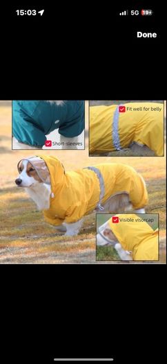 Dog Raincoat Waterproof Jacket with Hood & Collar Hole Transparent Brim,Ultra-Light Breathable Reflective Jumpsuit for Short-legged Dogs Corgi Dachshund xs,s,m,L,XL