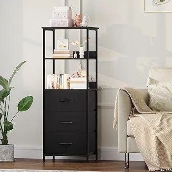 5-Tier Bookcase, Freestanding Bookcase for Living Room Bedroom Home Office, Tall Bookshelf with 3 Fabric Storage Drawers, Shelving Unit Open Storage Display Shelf, Black