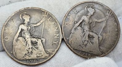 Great Britain 1917 1916 Penny Coins x2