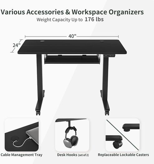 NEW SALE | Height Adjustable Electric Standing Desk with Keyboard Tray, 100 x 60 cm Sit Stand up Desk with Splice Board, Black Frame/Black Top