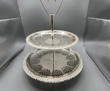 Vintage Silvery Metal Two Tier Cake Stand Engraved Lace Effect Doyley Plates