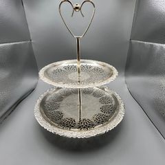 Vintage Silvery Metal Two Tier Cake Stand Engraved Lace Effect Doyley Plates